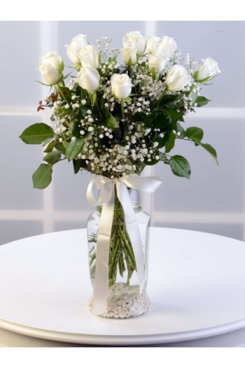 CAM VAZODA 15 ADET BEYAZ GÜL