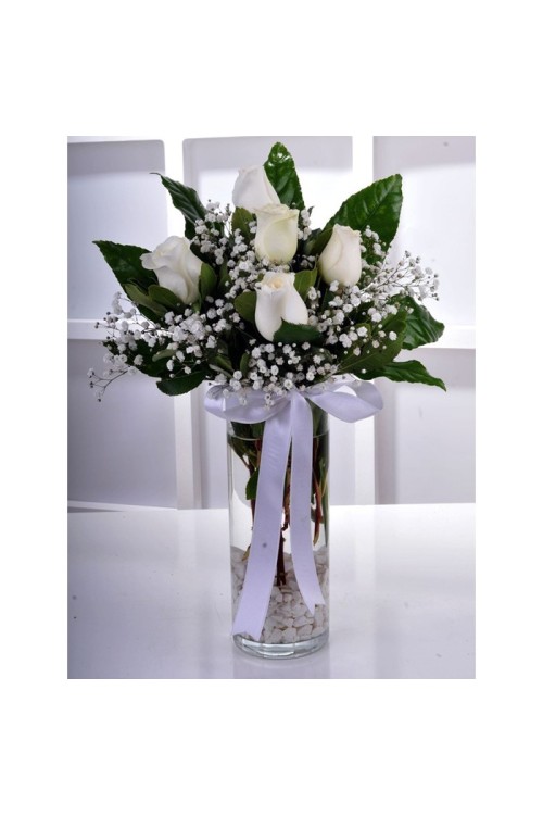 CAM VAZODA 5 ADET BEYAZ GÜL