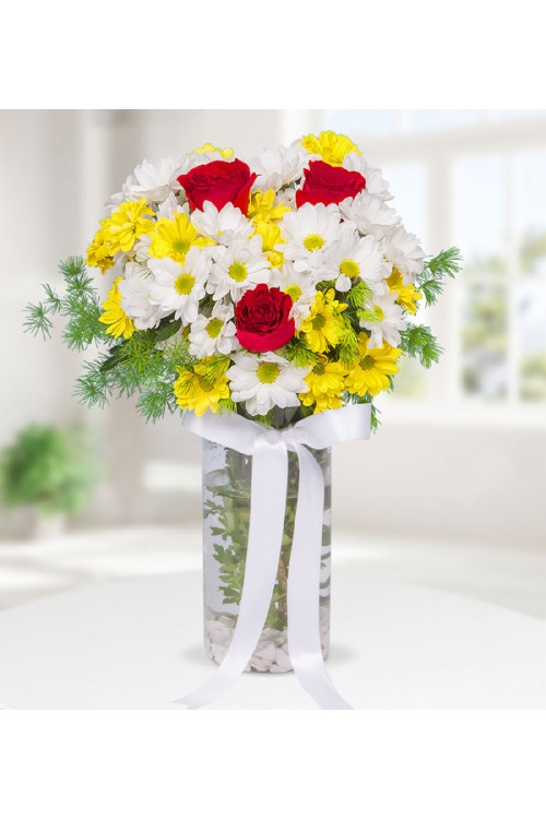 CAM VAZODA SARI BEYAZ PAPATYA VE 3 ADET KIRMIZI GÜL