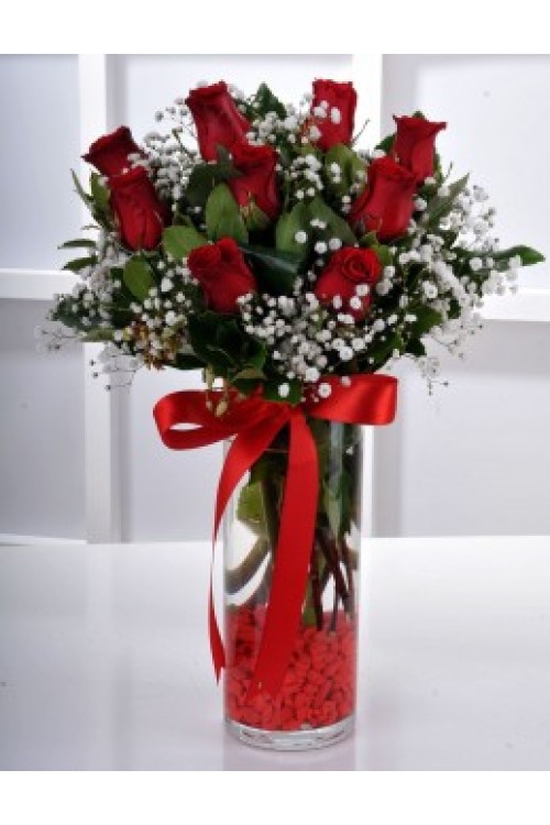 CAM VAZODA 9 ADET KIRMIZI GÜL